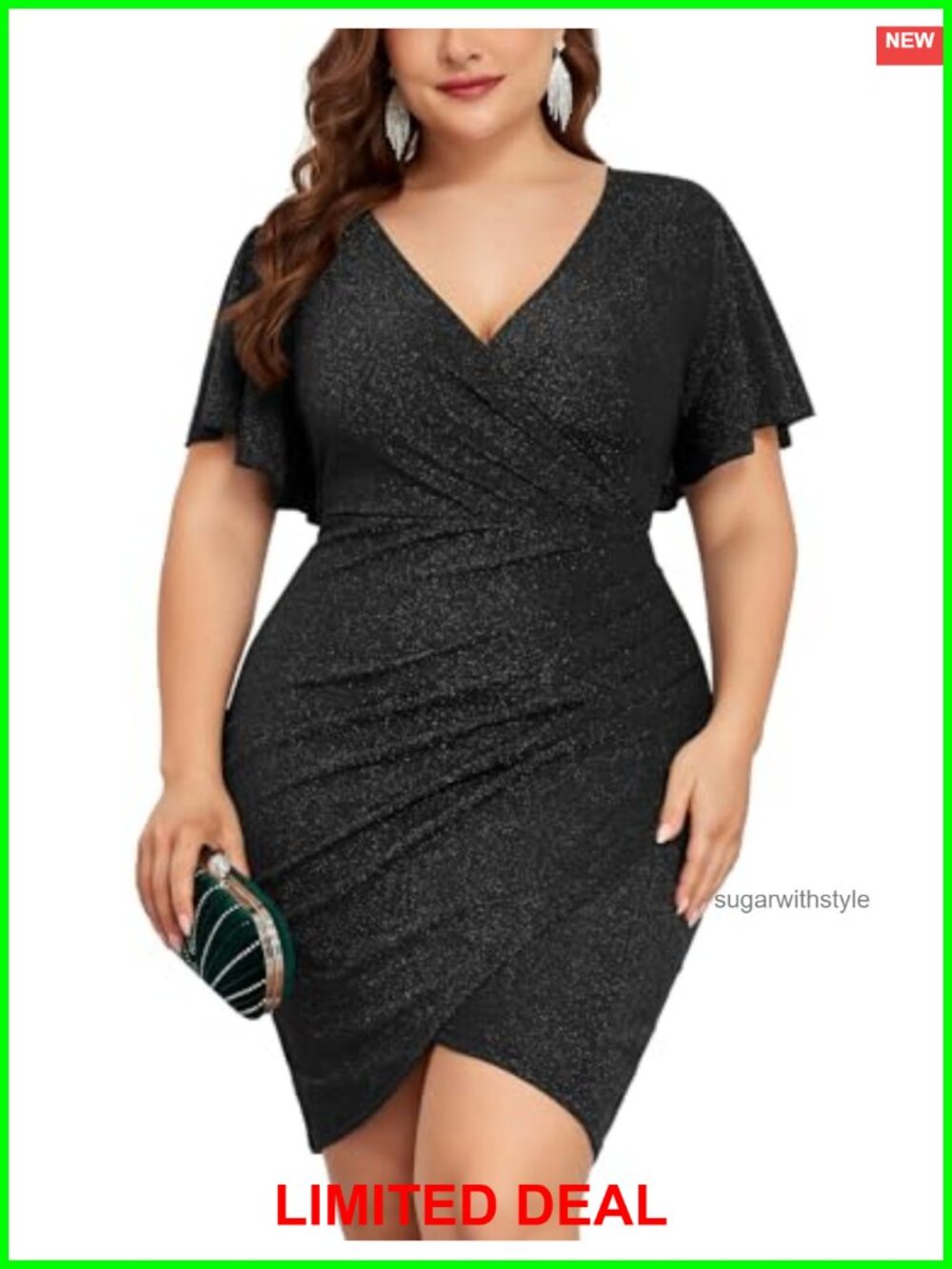 Plus Size Glitter Sequin Bodycon Mini Dress Wrap V-Neck Ruffle Sleeve Cocktail